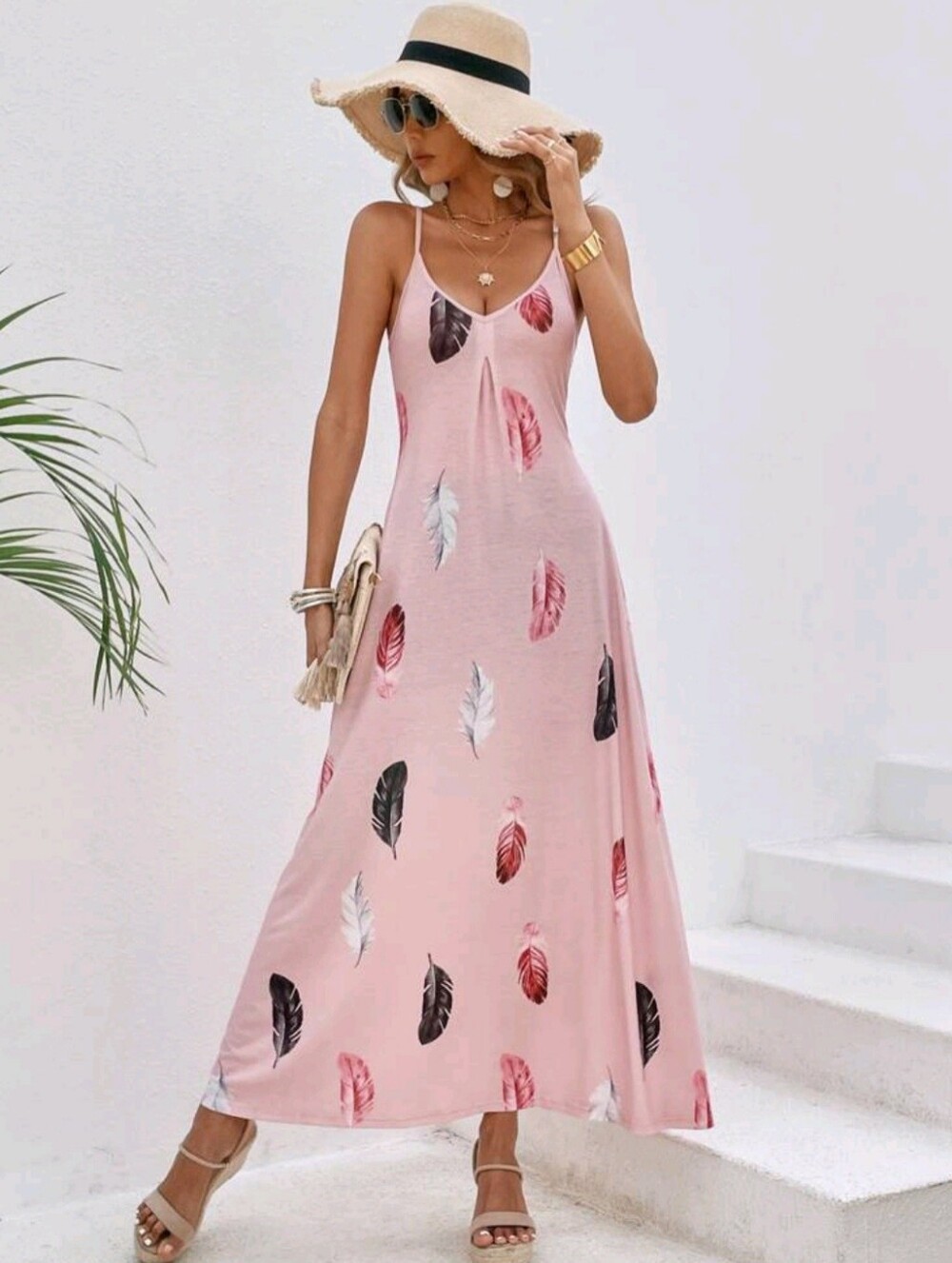 Boho Maxi Dress Feather Print Cami Slip Dress Bohemian Medium